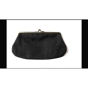 Vintage Change Purse Small Clutch Bag Black Textured Fabric Pink And Gold Lining